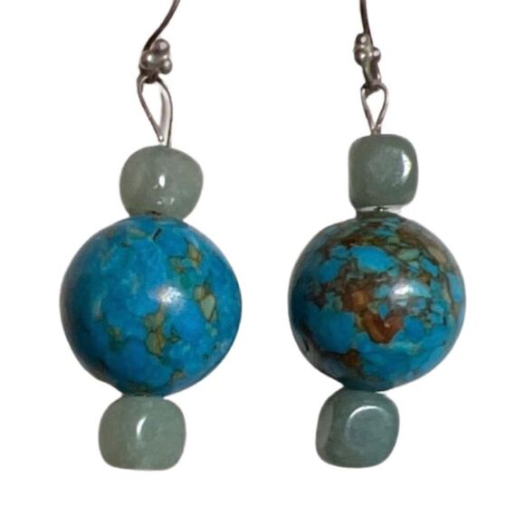 Vintage Genuine Kingman Turquoise & Aventurine Stone Sterling Drop Earrings - Picture 2 of 6